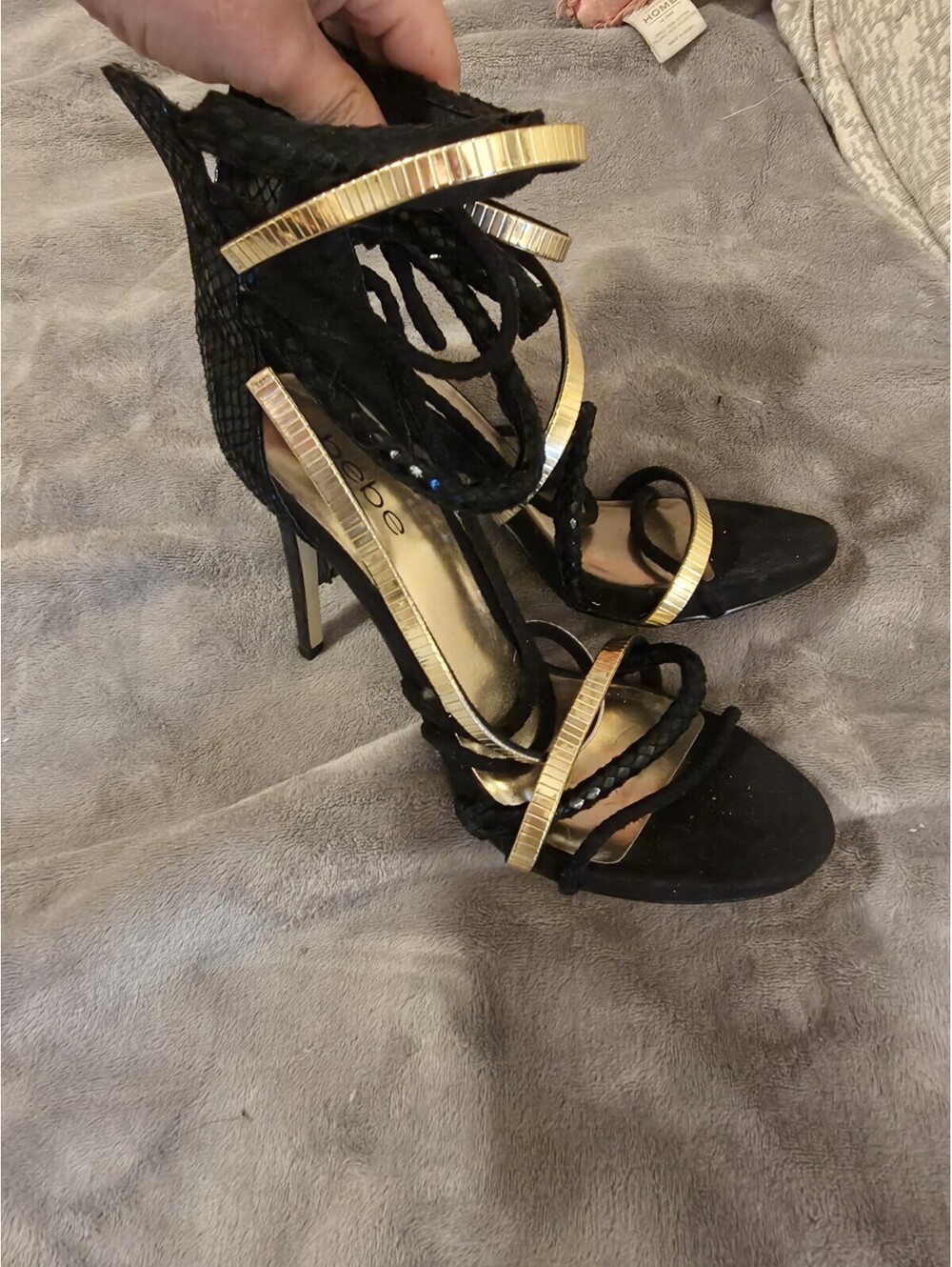 Bebe Black Gold Strappy Heels . Sequins Sparkly- Size 8 SALE